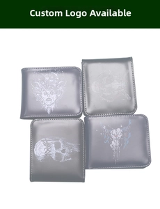 Detailed grid view of four men's short wallets with assorted skull art motifs