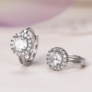 Micro-pave halo cubic zirconia hoop earrings in polished silver for women