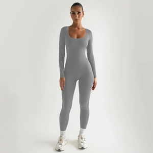 Close-up of a grey long-sleeve bodysuit with a U-neck design and high elasticity fabric