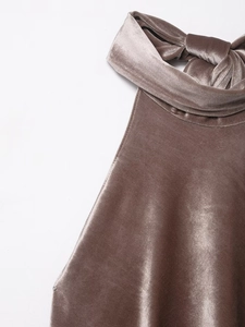 Nahaufnahme des asymmetrischen Neckholder-Ausschnitts aus Samt in elegantem Taupe-Grau