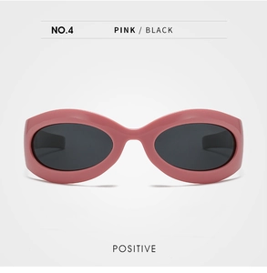 Front view of pink oval polarized sunglasses with black lenses and wide frames