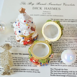 Christmas tree ceramic jewelry box with gold trim and teddy bear base detail