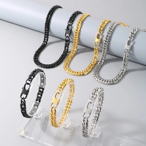 Hip hop style stainless steel cuban chain set including necklaces and bracelets in 3 colors