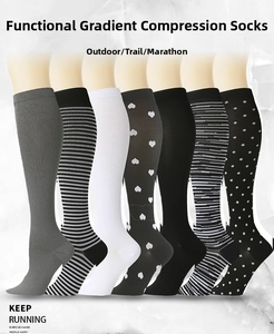 Detail view of compression socks in seven patterns like stripes, hearts and dots