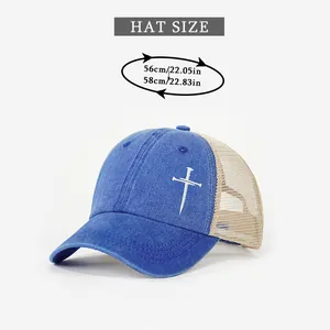Size chart showing 56-58cm circumference for blue and beige vintage trucker cap
