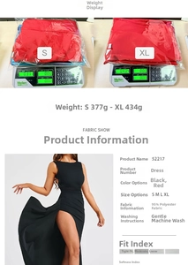 Detailed fabric weight display and backless high slit maxi dress fit size chart details