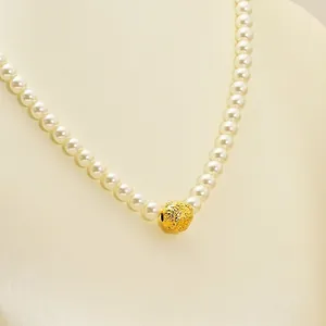 Elegant Artificial Pearl Necklace With Textured Transfer Bead 18K Gold Plated 304 Stainless Steel For Women Clavicle Chain