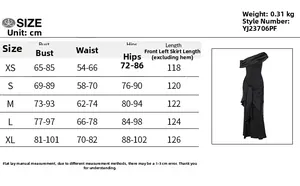 Size chart showing bust, waist, and hip measurements for this elegant black evening dress