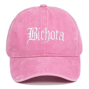 Detailed close-up of Bichota gothic embroidery on pink washed denim baseball cap