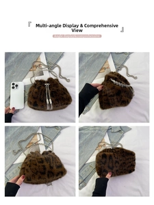 Detailed four-angle view of leopard print plush bucket bag with silver metal ring handles