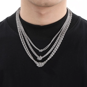 Men silver layered rope chain necklace with vintage braided twist design in stainless steel