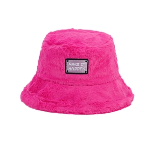 Hot pink faux fur bucket hat with MAKE IT HAPPEN embroidery for winter street style fashion