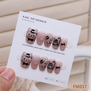 Handmade 10pcs set of cute cartoon cat press-on nails with glitter and bowknot details