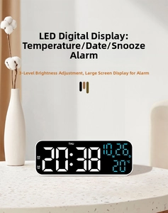 Detail view of large LED digital clock showing time, date, and temperature on white desk