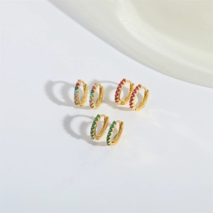 Minimalist gold-plated huggie earrings with colorful zircon stones in three distinct styles