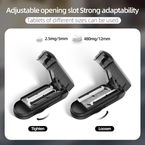 Detail of adjustable black pill cutter showing tighten and loosen settings for precision