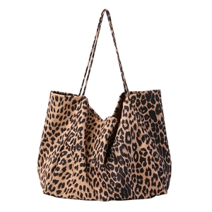 Japanese style casual leopard print canvas tote bag with brown animal pattern for women
