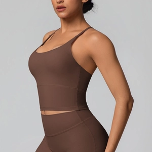 Brassière de sport à dos croisé en nylon marron foncé pour yoga et fitness