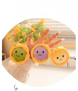 Gros plan de porte-clés tournesol en peluche jaune, violet et vert avec anneaux dorés
