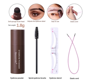 Detail view of eyebrow powder kit with sponge head, stencils, spiral brush and elastic cord