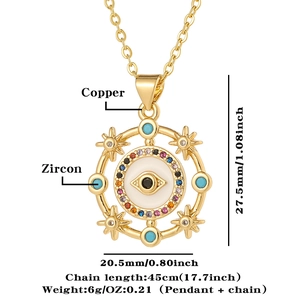Detailed view of evil eye pendant showing copper zircon material and exact dimensions
