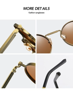 Detailed views of gold metal frame sunglasses featuring spring hinges and nose pads