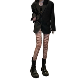 Women's punk style hollow out black mesh tights with oversized jacket and boots