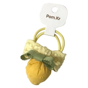 Cute yellow fabric strawberry hair tie with green bow and white Pom.Kr card display