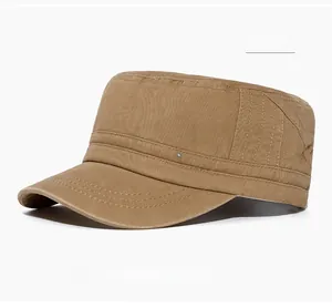 Detail view of khaki cotton flat top military cap featuring a metal Sport side badge