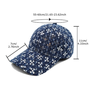 Denim baseball cap for women with silver sequins and frayed brim, adjustable 55-60cm size