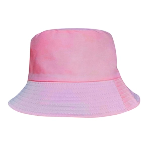 Detail of pink gradient tie-dye bucket hat with durable stitching and cotton canvas texture