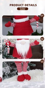 Detail of Christmas gnome with red knitted hat, white beard, and candy cane decoration