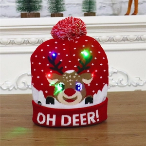 Knitted Christmas beanie with LED lights, reindeer pattern, and Oh Deer slogan