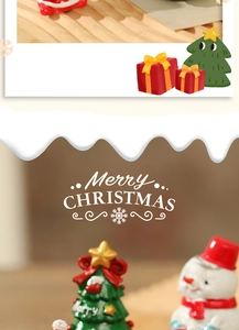 Detail of miniature resin Christmas snowman and tree figurines for festive home decor