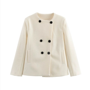 Elegant cream white double-breasted wool coat with round neck and black buttons