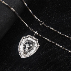 Silver wolf head shield pendant necklace with sparkling crystals on box chain for men