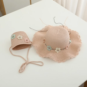 Ensemble chapeau de paille rose pour filles et sac à fleurs avec bord ondulé