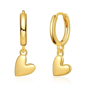 Detailed view of polished heart pendant earrings in 18K gold plated copper