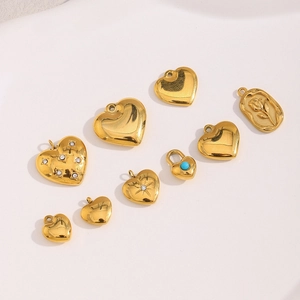 Set of 18K gold-plated stainless steel heart charms with rose relief and turquoise lock
