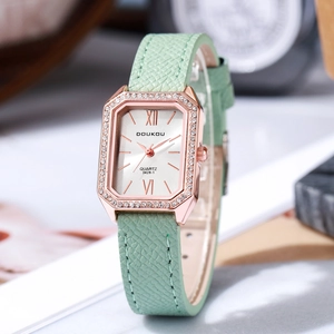 Elegant rectangular women's quartz watch with crystal bezel and mint green leather strap