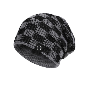 Winter checkered knit beanie with warm fleece lining and minimalist mountain patch