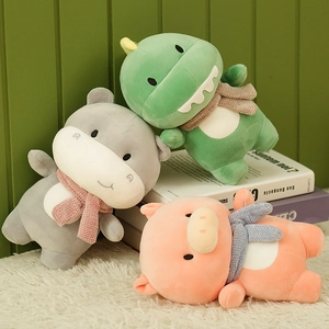 Cute plush stuffed dinosaur, hippo, and pig toys wearing colorful knit scarves