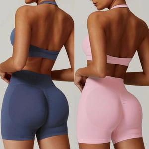 Women Halter Yoga Set Seamless High Waist Tummy Control Scrunch Butt Ribbed Athletic Sports Bra And Shorts Top And Bottom