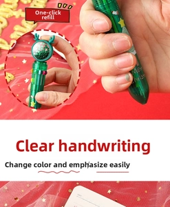 Detail of Christmas retractable multicolor pen featuring reindeer globe and green barrel