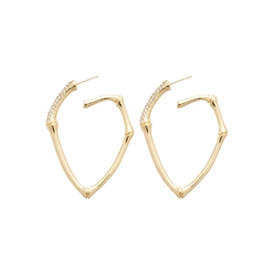 Luxury gold bamboo heart-shaped hoop earrings with sparkling rhinestones for women