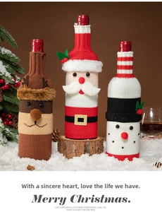 Knitted Christmas wine bottle covers featuring Santa, reindeer, and snowman designs