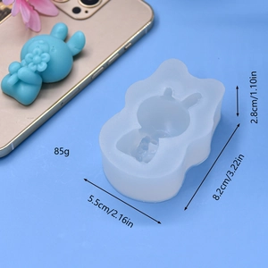 Bunny silicone mold for DIY plaster and chocolate showing 3D dimensions and final product