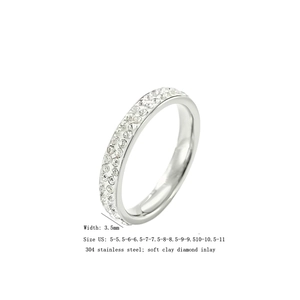 Detail view of 3.5mm width 304 stainless steel ring with double row diamond inlay
