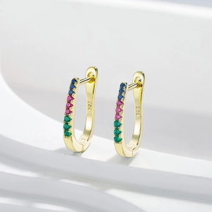 S925 Sterling Silver U-shaped earrings with colorful gemstones and 14k gold plating