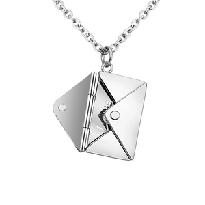 Minimalist silver stainless steel envelope pendant necklace with functional hinge opening